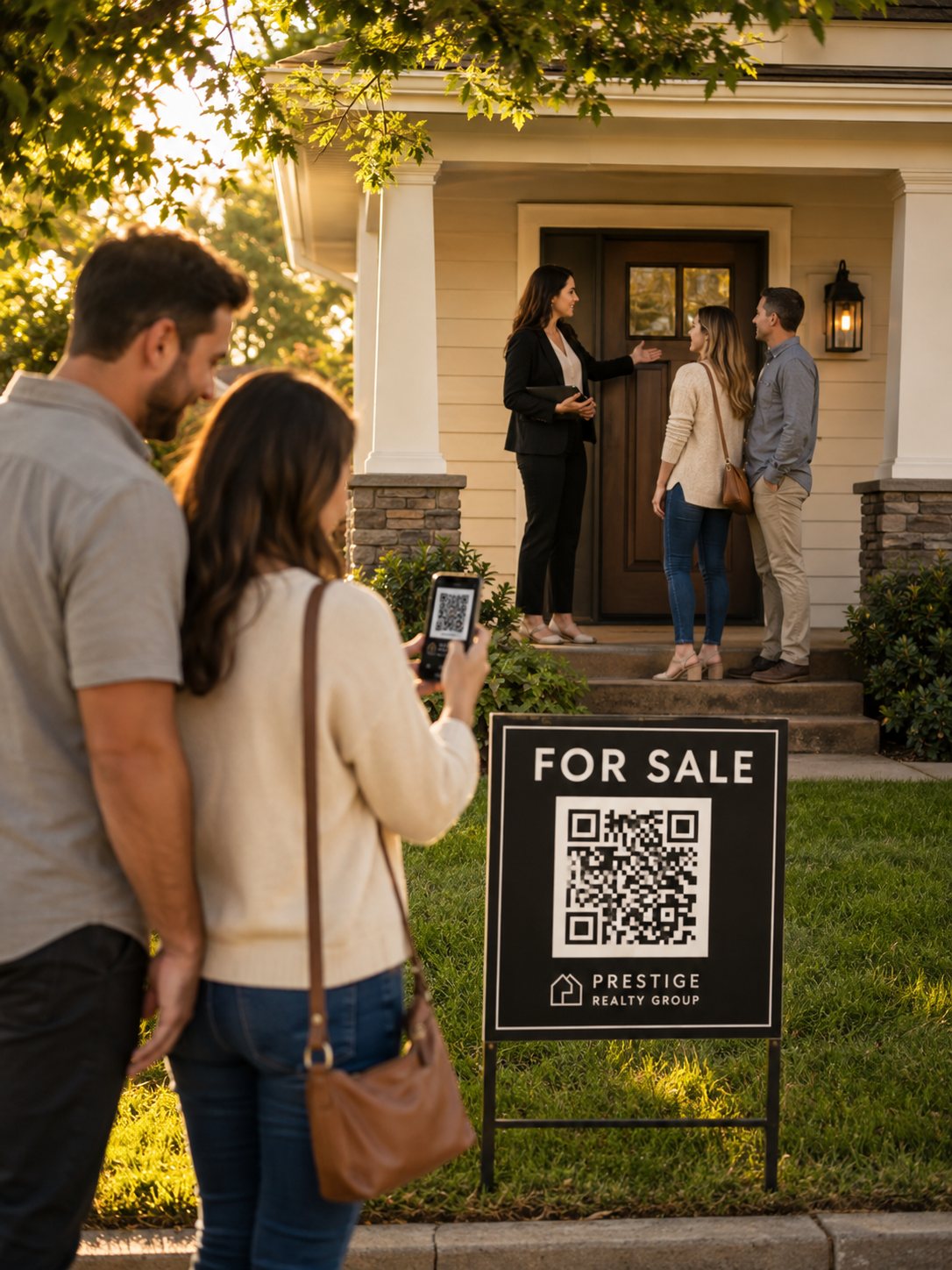 A realtor at an open house while a buyer scans the yard sign