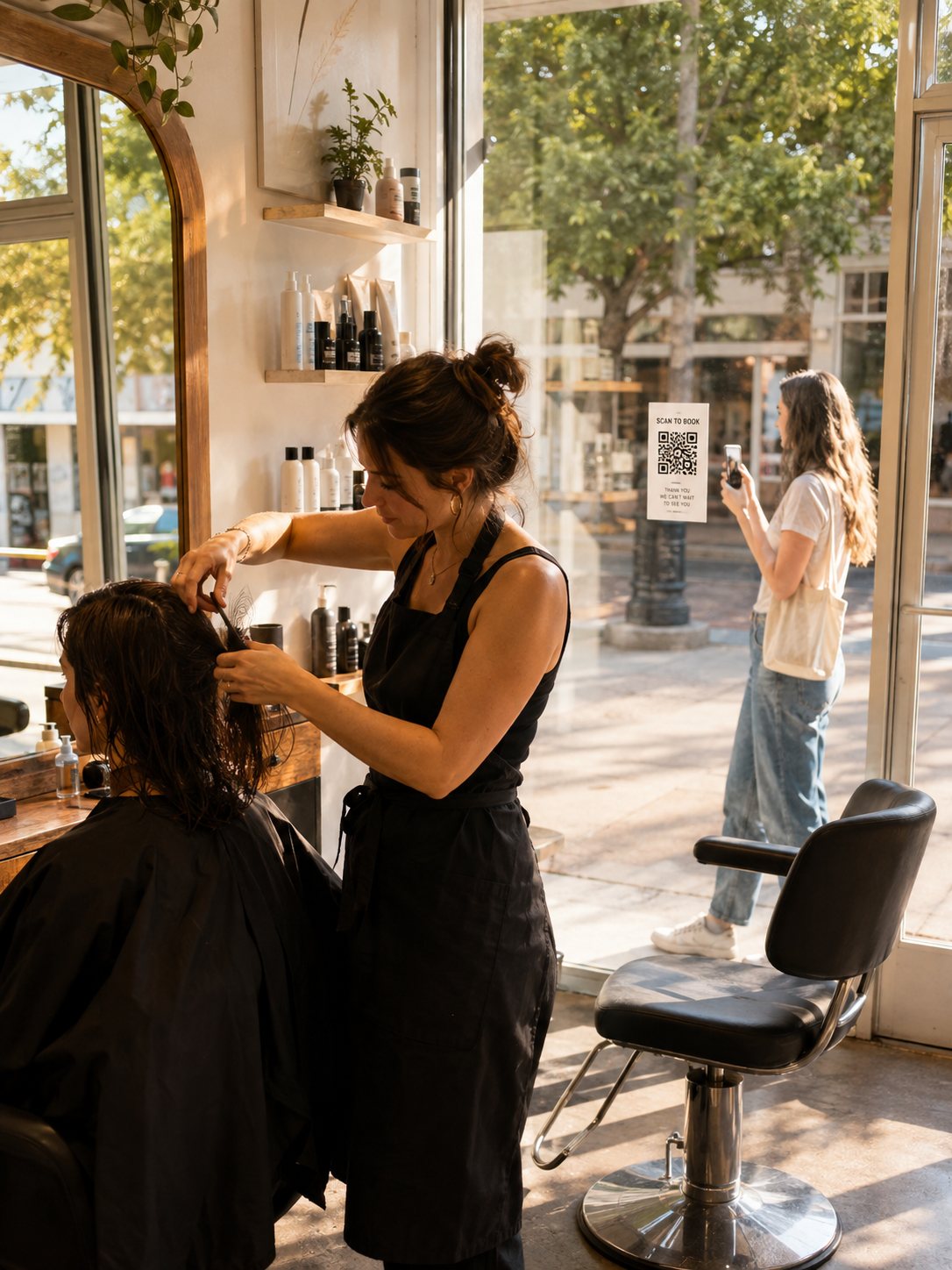 A salon owner mid-cut while someone scans the code on the window