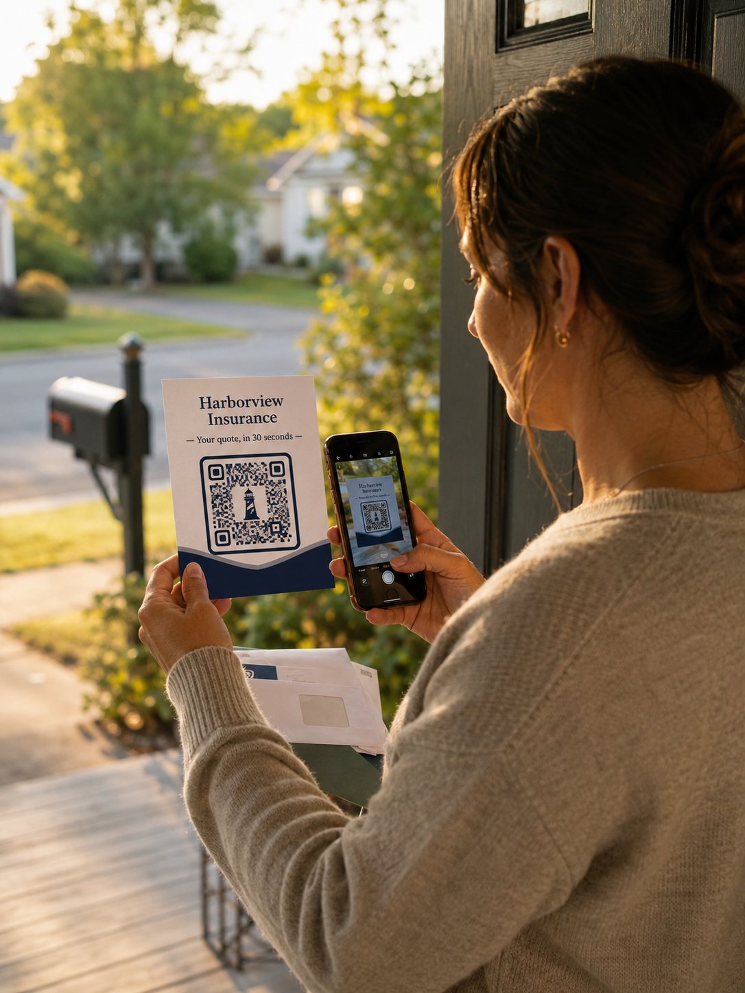 A homeowner on her porch scanning the branded QR code on an insurance postcard that just arrived in the mail