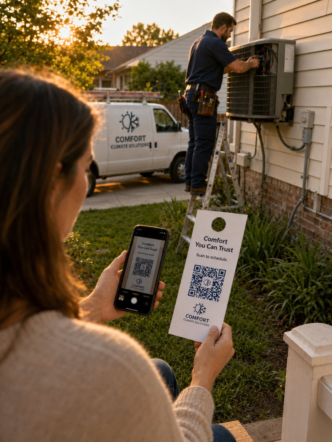 An HVAC technician on a ladder while the homeowner scans the branded QR code on the door hanger