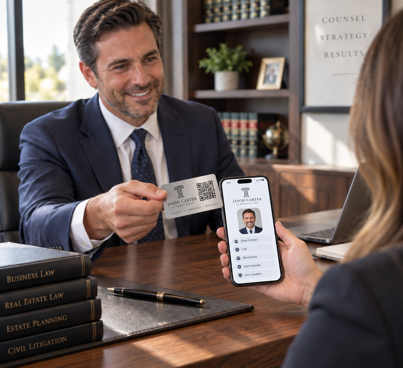 An attorney tapping a stainless NFC card to a client's phone across his desk