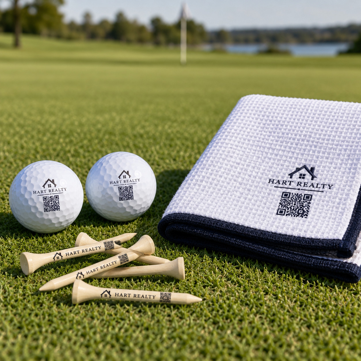 Golf balls, tees and towel